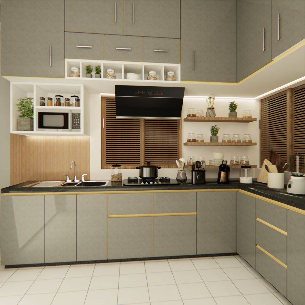 Contemporary modular kitchen design with spot lighting and storage options