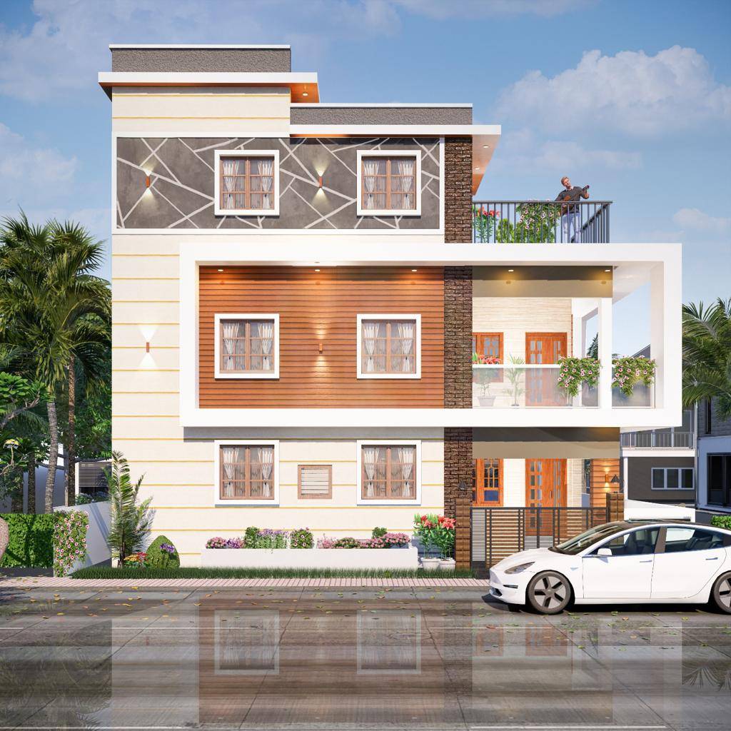 Front elevation of a stylish home with large balcony and texture finish