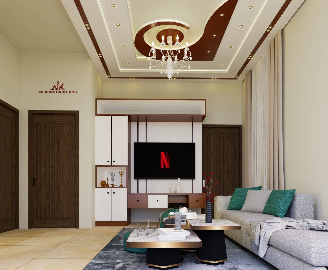 Modern ceiling and wall panel work for living space in Tamil Nadu home